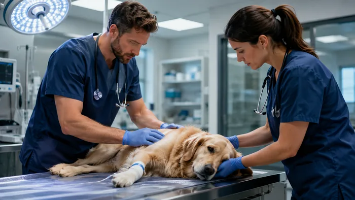 Veterinary team caring for a golden retriever
