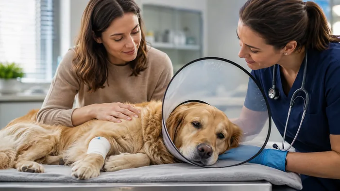Comforting veterinary care for a golden retriever