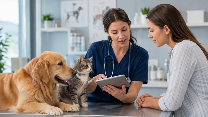 Veterinary consultation with pets and a tablet