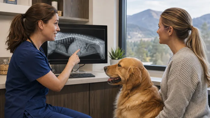 Veterinarian reviewing a dog X-ray with an owner