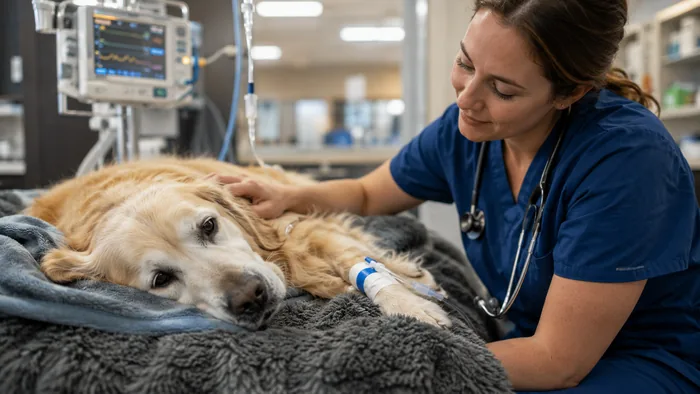 Gentle veterinary care for a resting dog